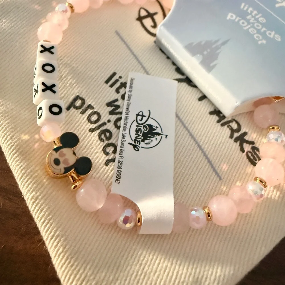 Disney Parks XOXO Pink and Gold Beaded Stretch Bracelet Mickey Charm